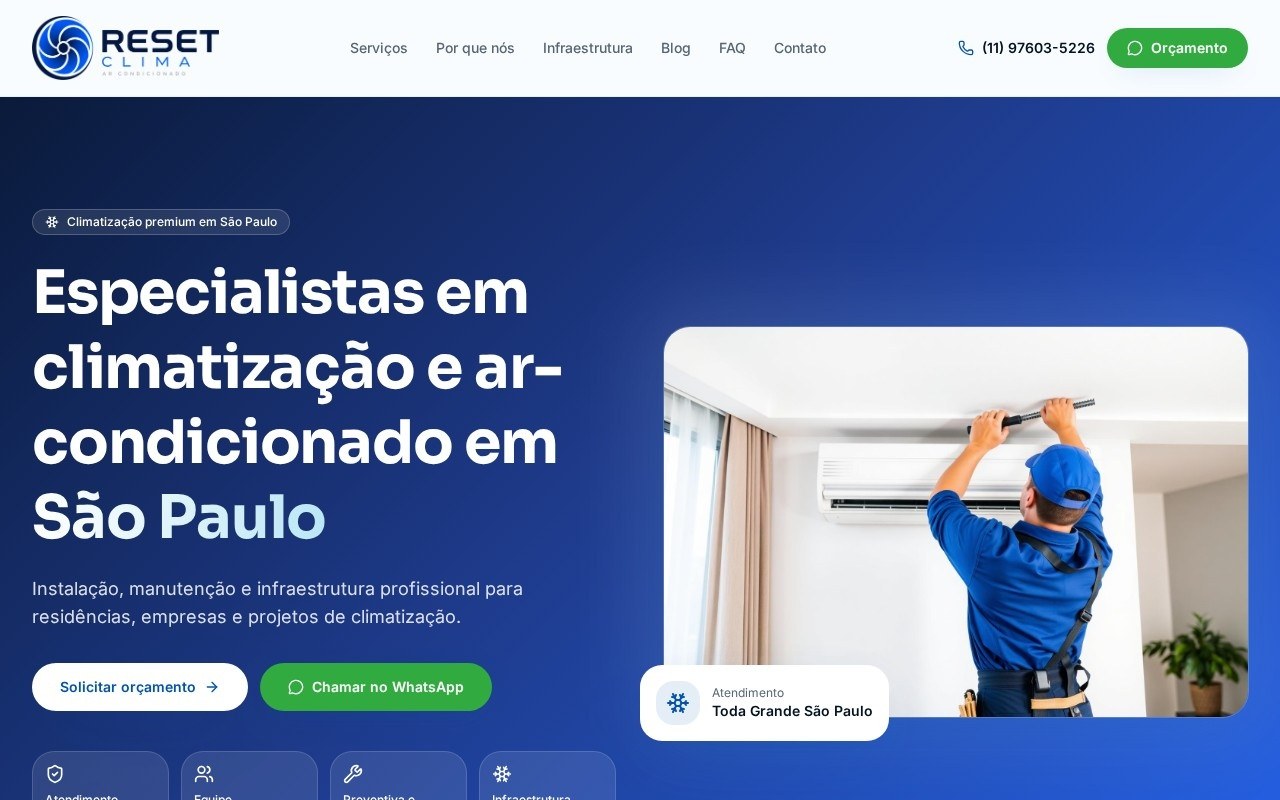 Preview do site Reset Clima — projeto entregue pela AtivaSite