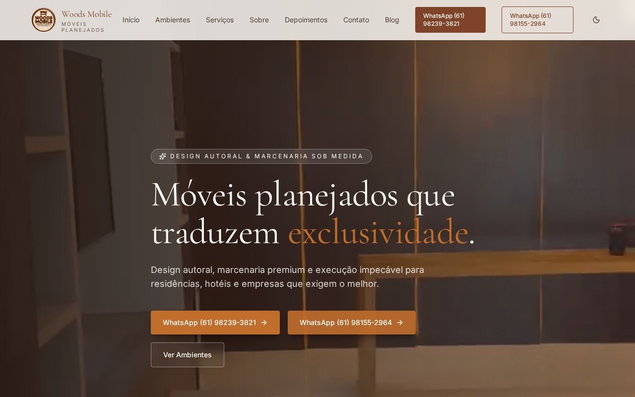 Preview do site Woods Mobile — projeto entregue pela AtivaSite